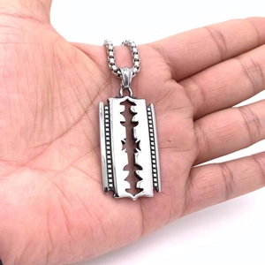 Titanium steel razor blade pendant necklace for men featuring a punk rock hip-hop style