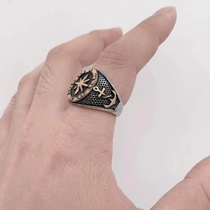 Men's two-tone stainless steel compass ring with gold anchor detail and black honeycomb inlay