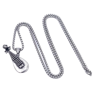 Collier avec pendentif luth pipa en acier inoxydable vintage argent antique pour hommes et femmes