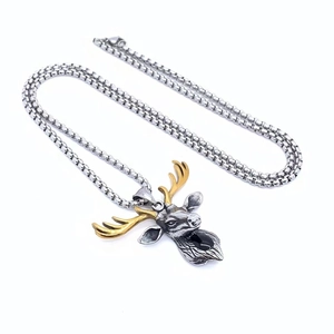 Titanium steel deer head pendant necklace with golden antlers and box chain