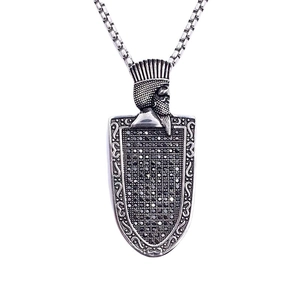Men Vintage Stainless Steel Warrior King Shield Pendant Necklace Inlaid Black Zirconia Retro Hip Hop Punk Jewelry Gift