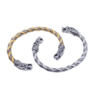 Bracelet Jonc Ouvert en Acier Inoxydable Viking Tête de Loup pour Hommes Bracelet Vintage en Corde Torsadée Dragon