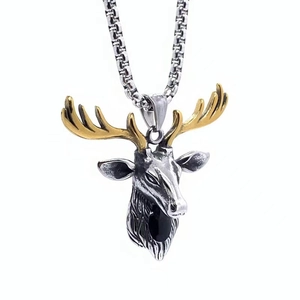 Hip hop style titanium steel stag head pendant necklace with gold antlers and silver face