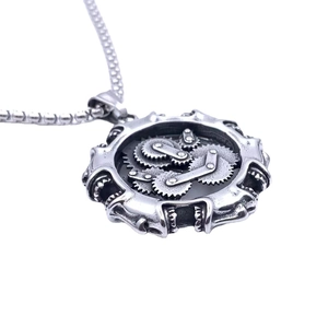 Steampunk stainless steel skull gear pendant necklace with mechanical layers on ball chain