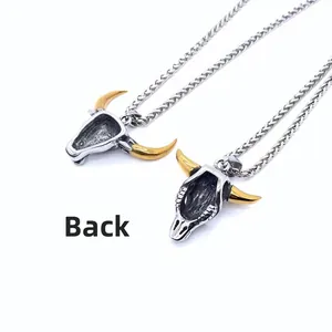 Collier pendentif crâne de taureau punk rétro en acier inoxydable bicolore argent et or