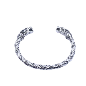 Bracelet Viking tête de loup en acier inoxydable argenté avec texture de corde torsadée