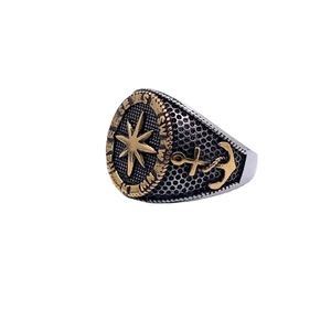 Mens vintage two-tone stainless steel compass ring with nautical anchor side details