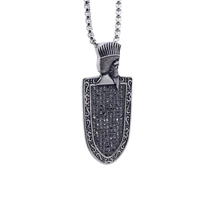 Vintage Spartan helmet pendant necklace for men with black zircon in aged silver finish