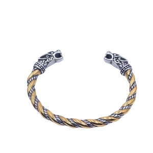 Bracelet jonc ouvert tête de loup Viking en acier titane bicolore pour homme