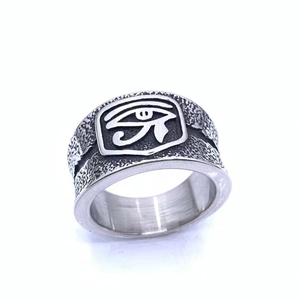 Detailed view of vintage titanium steel Eye of Horus ring with oxidized silver finish