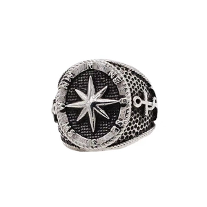 Men's vintage titanium steel compass rose ring with anchor relief and nautical details