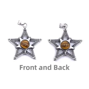 Vues avant et arrière du pendentif pentagramme vintage avec œil de tigre et runes