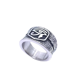 Vintage titanium steel Horus Eye ring for men with oxidized matte finish detailing