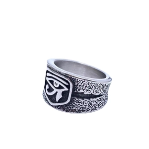 Vintage silver titanium steel Horus Eye ring with irregular matte rock texture for men