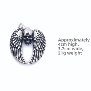 Detailed view of punk skeleton wing pendant with size measurements 4.0cm x 3.7cm