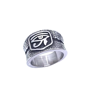 Vintage titanium steel Eye of Horus ring for men with unique hammered texture and wide band