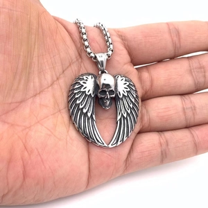 Retro punk style stainless steel skull with devil wing wings pendant necklace for men