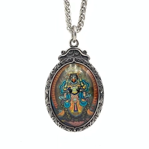Vintage oval thangka pendant necklace with colorful painted deity on steel chain