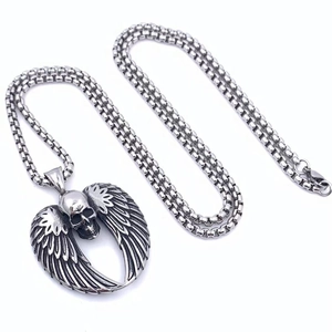 Vintage titanium steel skull pendant necklace with detailed devil wings for men's hip hop style