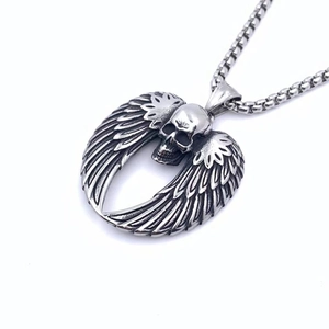 Vintage titanium steel skull with wings pendant necklace on metal chain for men