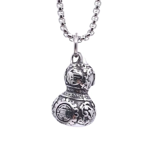 Collier vintage en acier inoxydable avec pendentif gourde et caractères Fu et Shou