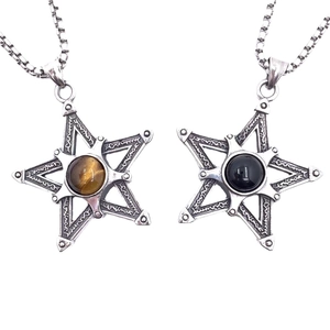 Collier Pendentif Pentagramme en Acier Titane Rétro Avec Pierre Oeil de Tigre Noire Runes Gothiques Bijoux Mystiques Homme Femme