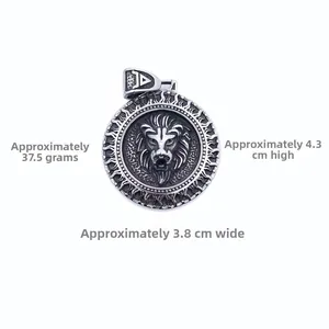 Relieve detallado del colgante cabeza de león plata vintage con dimensiones y peso