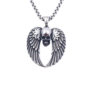 Retro Silver Titanium Steel Skull Wings Pendant Necklace For Men Punk Gothic Skeleton Feather Wing Hip Hop Fashion Jewelry Necklace