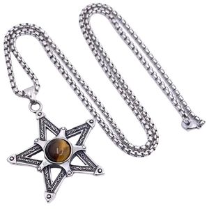 Collier vintage en acier inoxydable avec pendentif hexagramme et œil de tigre naturel