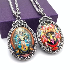Vintage Stainless Steel Thangka Pendant Necklace Ethnic Tibetan Buddhist Oval God Of Wealth Figure Long Chain Jewelry
