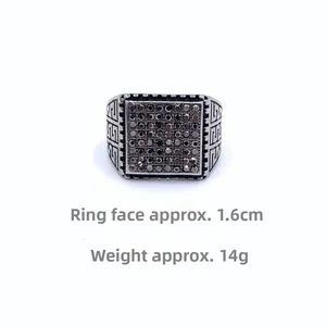 Mens vintage stainless steel square ring with black stones and Greek key patterns