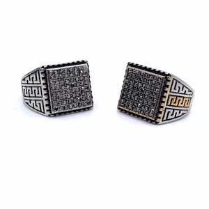 Men's Vintage Stainless Steel Square Signet Ring With Black Rhinestone Greek Meander Pattern Hip Hop Punk Band Ring Jewelry