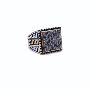 Men's square signet ring in titanium steel with black rhinestones and Greek key patterns