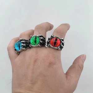 Men's gothic dragon claw rings with evil eye stones in red, blue, and green colors