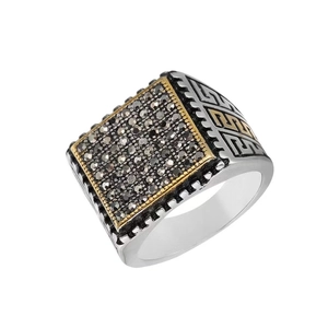 Men's titanium steel square ring with black micro-pave diamonds and meander pattern