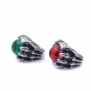 Gothic dragon claw rings with red devil eye and green stone set in retro steel finish