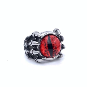 Gothic dragon claw ring with red evil eye stone in polished silver stainless steel