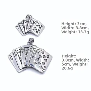 Detail view of retro royal flush poker pendants in two sizes with antique silver finish