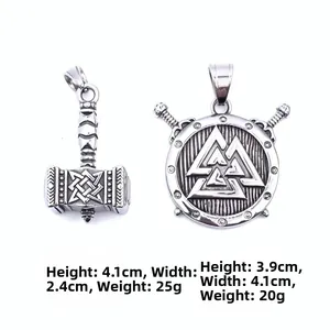 Detailed size specifications for Viking Mjolnir and Valknut stainless steel pendants