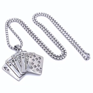 Macro view of Royal Flush poker pendant and box chain in vintage stainless steel