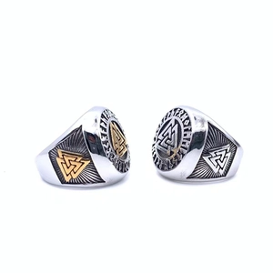 Vintage Viking Valknut signet rings in retro titanium steel with Nordic runes