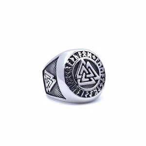 Vintage Viking Valknut ring for men in antique silver finish with Nordic runes details
