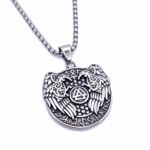 Vintage Viking pendant necklace with Odin crows, Valknut symbol and Runes relief