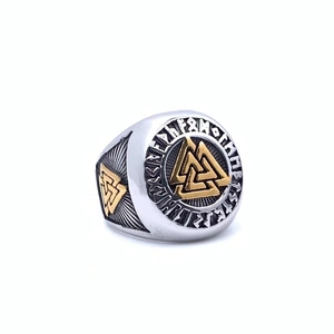 Viking Valknut triangle ring in vintage silver and gold stainless steel with Nordic runes