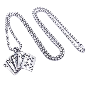 Retro stainless steel poker royal flush pendant necklace with square box chain