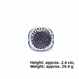 Macro detail of Viking Valknut signet ring showing 2.4cm height and 29.4g weight
