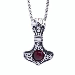 Nordic Mjolnir pendant necklace with skull and red stone on silver metal chain