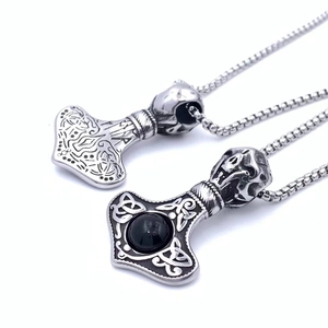 Nordic Thor's Hammer necklaces with skull gemstone and Viking rune details on box chains