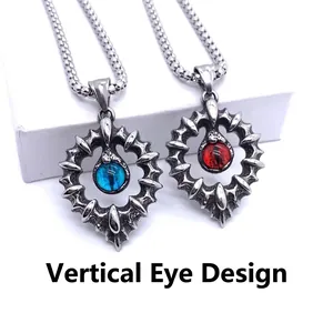 Vintage punk titanium steel necklace with red and blue vertical eye claw pendants