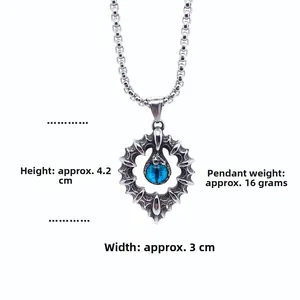 Detail of punk titanium steel pendant with blue gemstone showing 4.2cm height and 3cm width